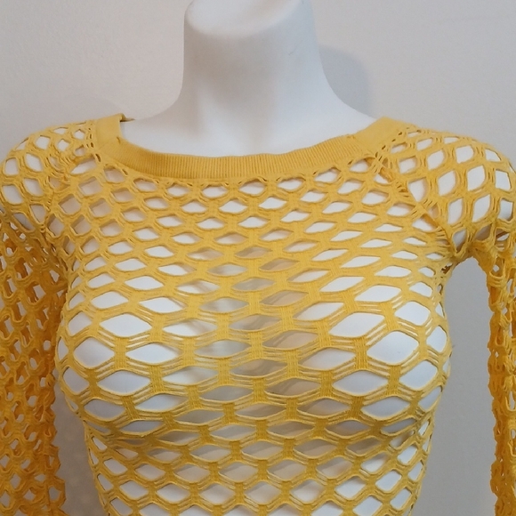 Vintage Retro 80s Punk Grip Yellow Open Net Long Sleeve Top - Picture 2 of 15